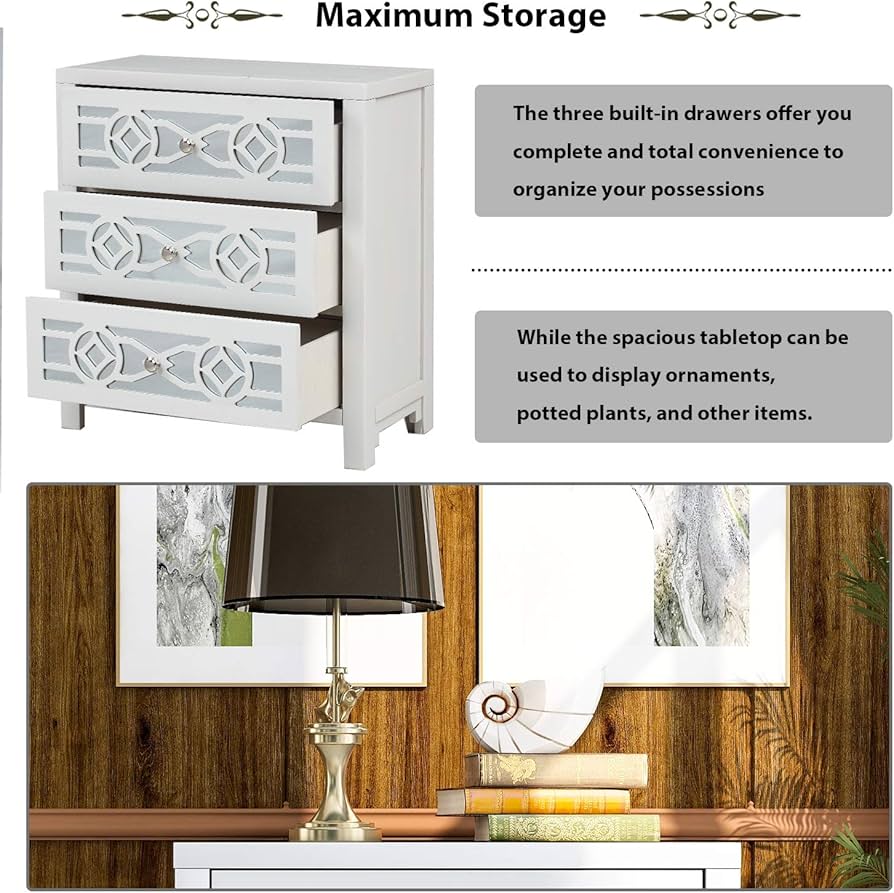 Amazon｜木製収納キャビネット 引き出し3つと装飾ミラー付き 天然木